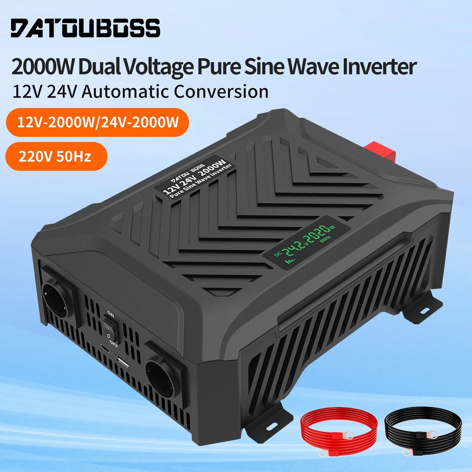 Convertitore universale a doppia tensione DATOUBOSS, inverter a onda sinusoidale pura da 2000 W, convertitore di tensione CA da 12 V/24 V a 230 V, potenza di picco 4000 W, con sistema di rilevamento intelligente & Schermo LCD & 2 prese UE