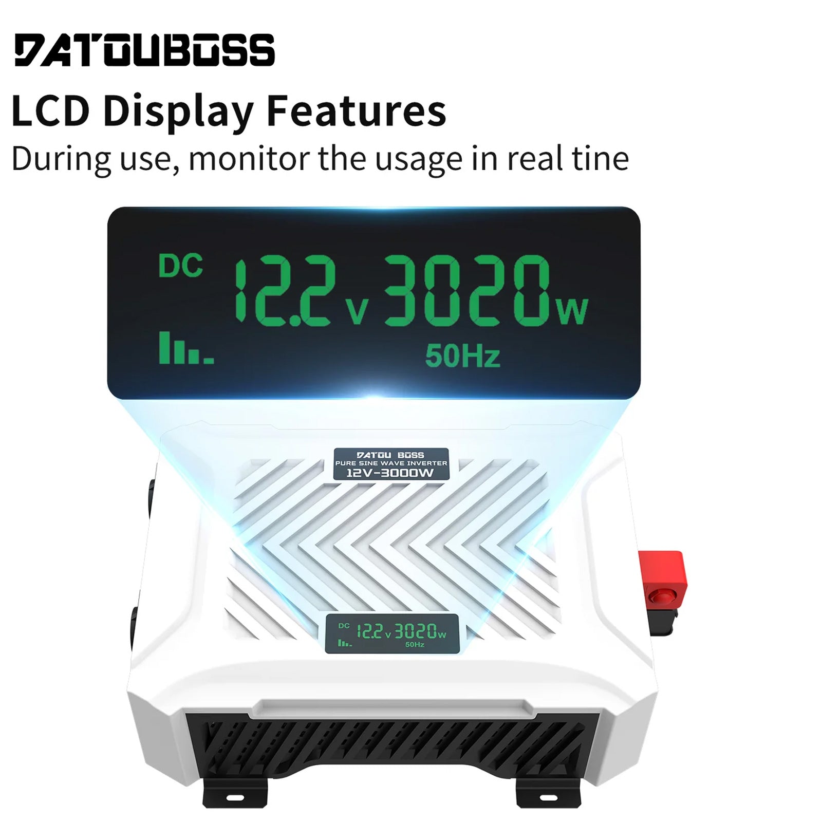 DATOUBOSS Inverter a Onda Sinusoidale Pura da 3000 W, Convertitore di Tensione CA da 12 V a 230 V, Potenza di Picco 6000 W, con Sistema di Rilevamento Intelligente e Display LCD e 2 Prese EU