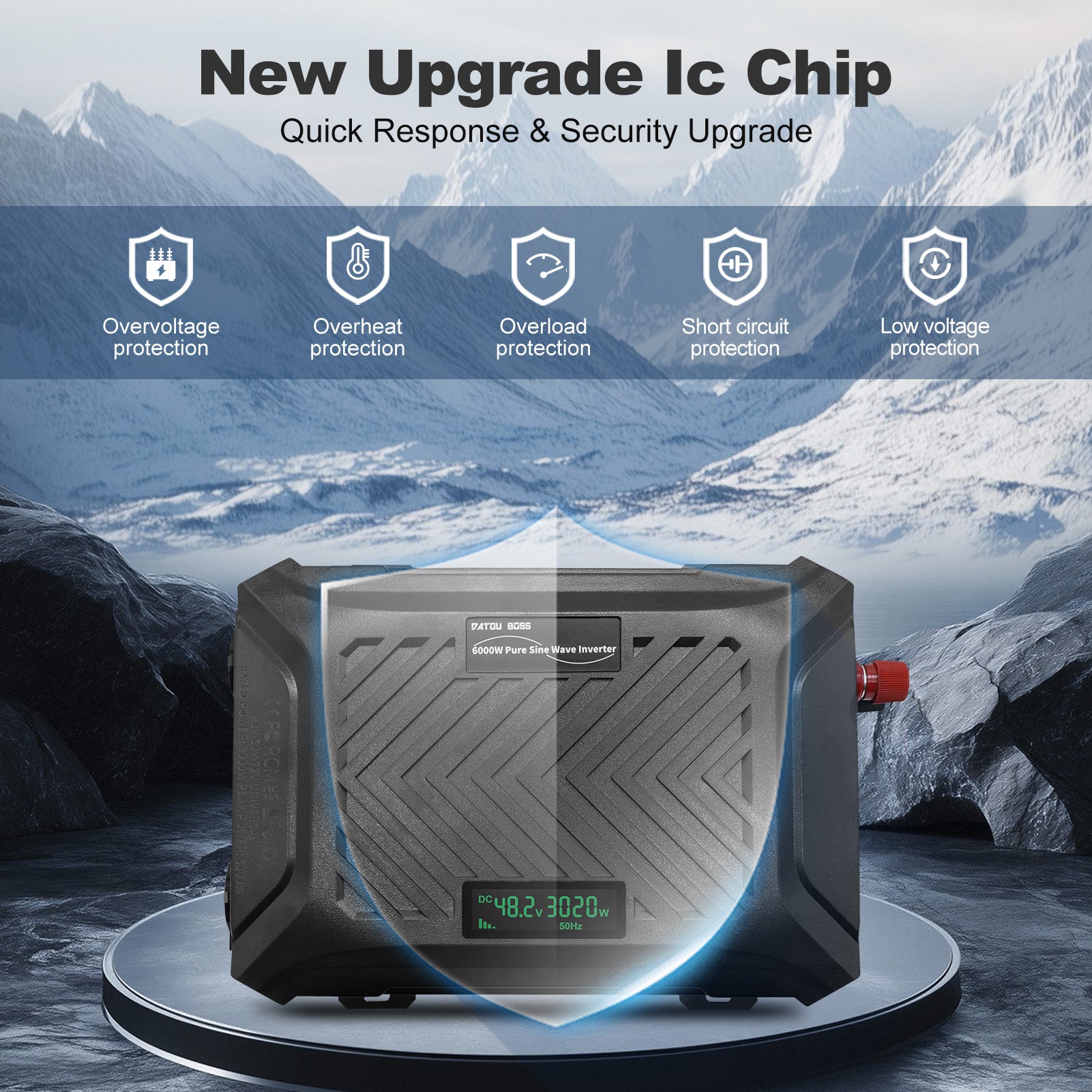 Features adjustable input voltage, LCD display, and two European standard sockets.