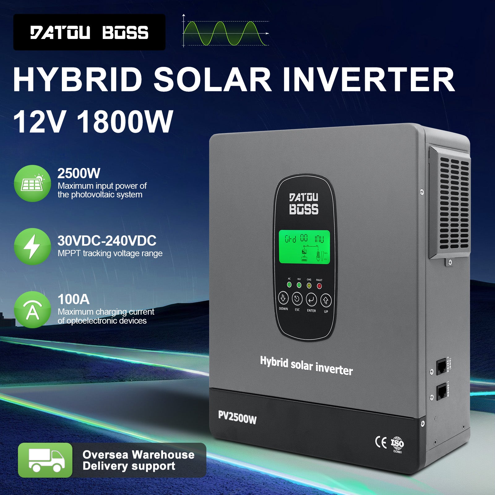 DATOUBOSS 1800W Hybrid Inverter 12V, Hybrid Solar Inverter On Grid, Supports Battery-Free Operation, 12V DC to 220/230V AC, BMS Protection System, with 150A MPPT for 12V Batteries