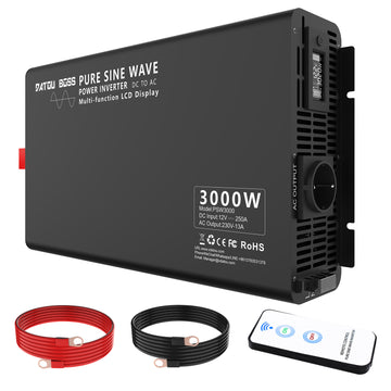 DATOUBOSS Onduleur à onde sinusoïdale pure 3000 W, convertisseur de tension 12 V à 230 V AC, puissance de crête 6000 W avec 1 prise UE, écran LCD et télécommande radio pour camions, camping-cars, maison, camping, ménage