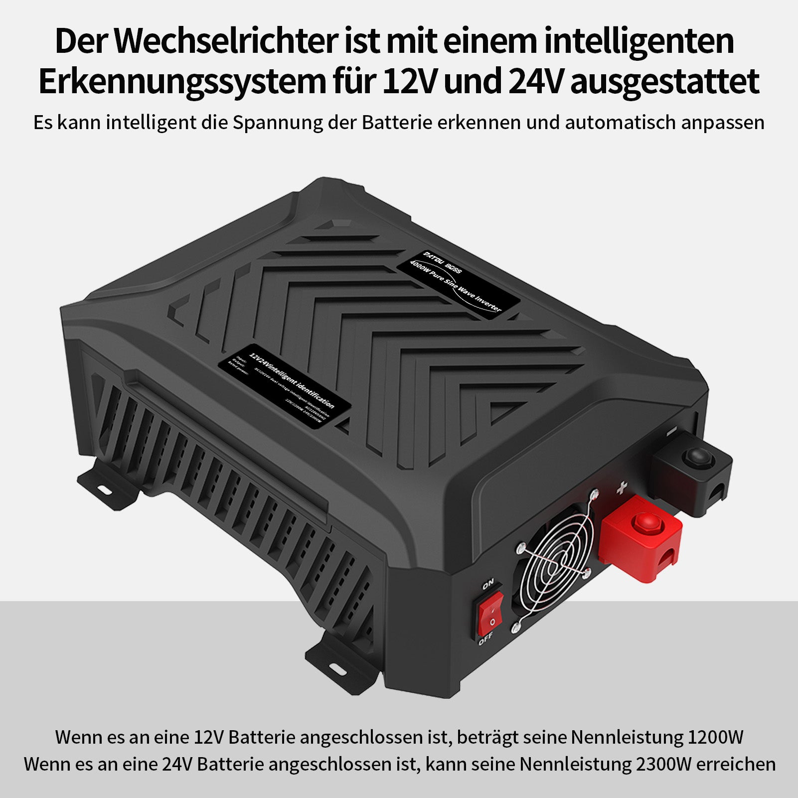 DATOUBOSS Universal-Doppelspannungswandler 1200W/2000W Sinus-Wechselrichter, 12V/24V auf 230V Wechselspannungswandler, Spitzenleistung 2300W/4000W, mit intelligentem Erkennungssystem & LCD-Display & 2 EU-Steckdosen
