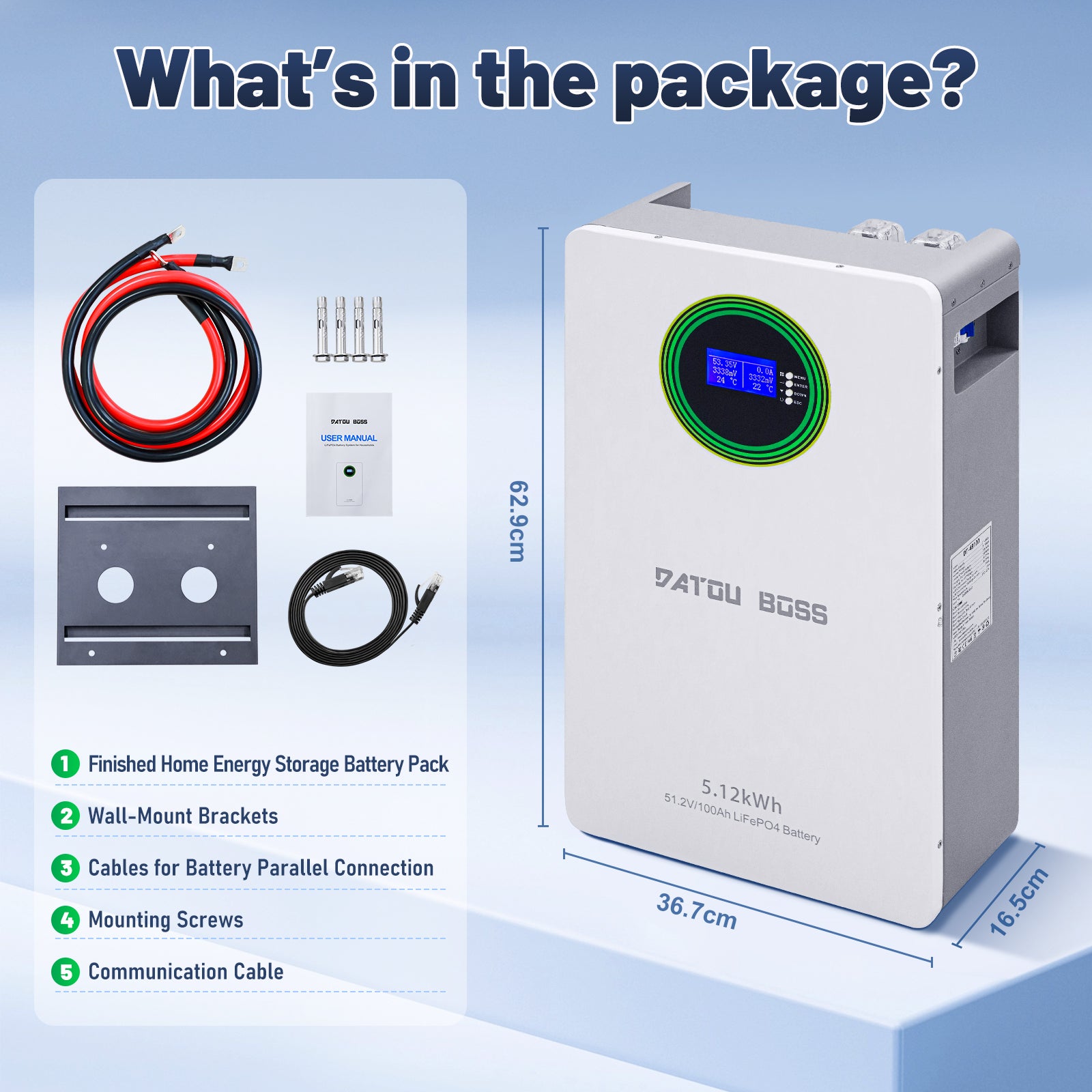 DATOUBOSS 51,2 V 100 Ah LiFePO4-Batterie, 5,12 kWh, 100 A BMS, wandmontiert, für Solar-Heim-Wohnmobil-Energiespeicher