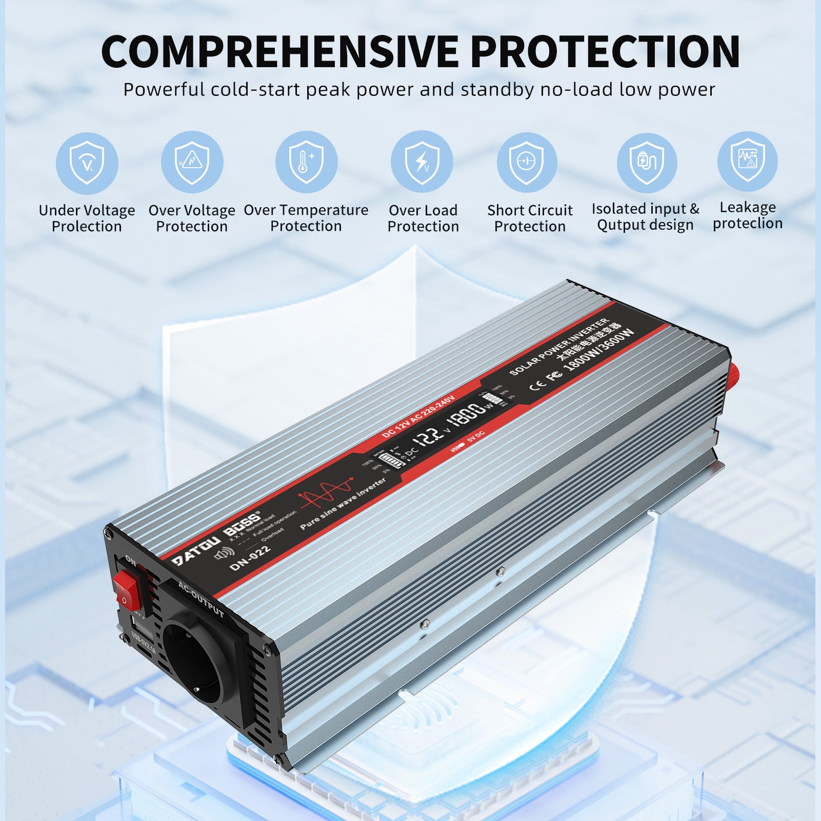 DATOUBOSS Convertitore a Onda Sinusoidale Pura da 1800 W, Convertitore di Alimentazione per Auto da 12 V a 230 V CA, Potenza di Picco 3600 W con Prese EU, Porte USB e Display LED per Elettrodomestici, Auto, Roulotte, Camion