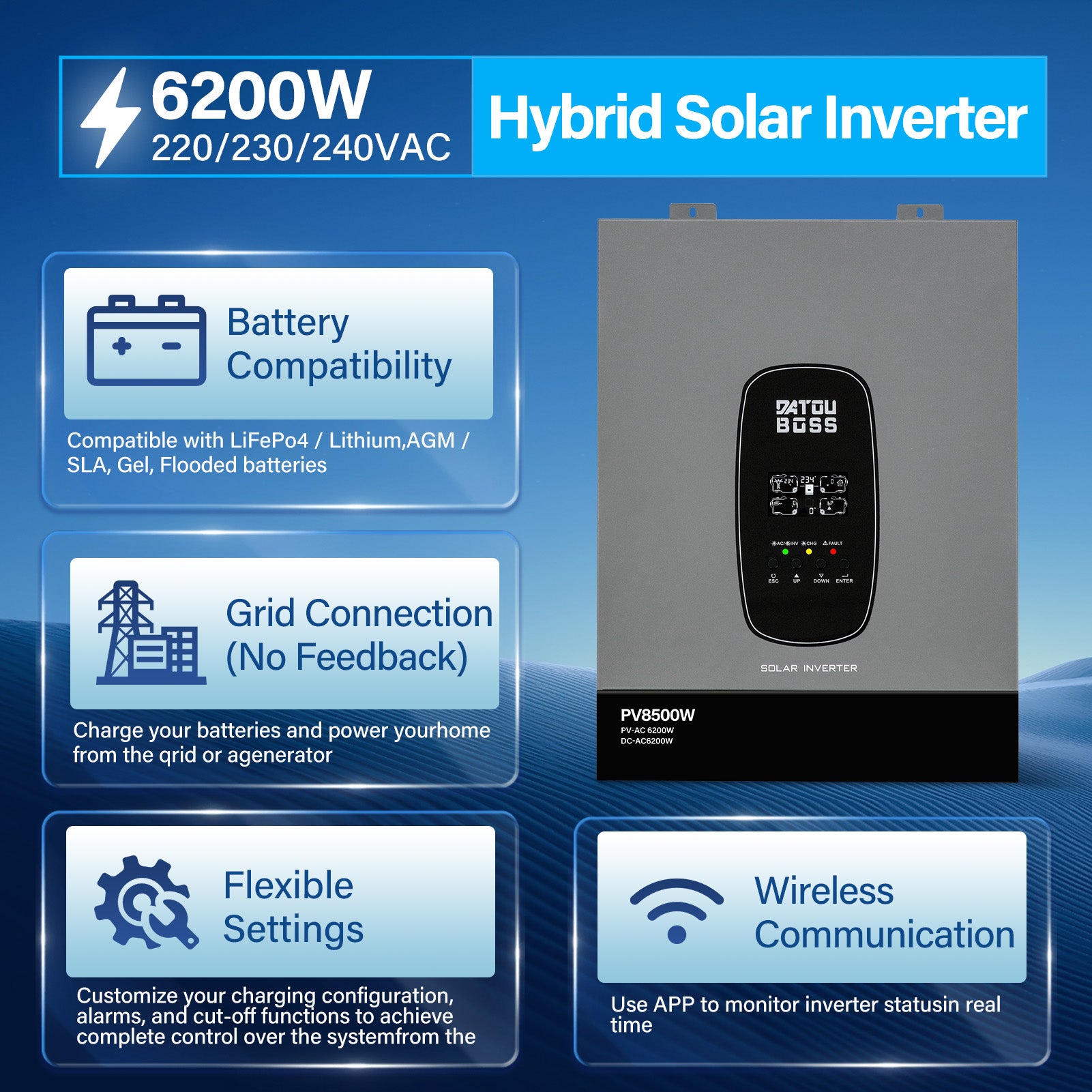 DATOUBOSS 6200W Solar Hybrid Inverter 48VDC till 230VAC, 120A MPPT, 8500W PV-ingång, batterifri drift, BMS-skydd, 27A PV-ingång, blixtnedslag & Anti-Backflow Protection, Off-Grid-kompatibel(Compatible) WiFi-kompatibel 0