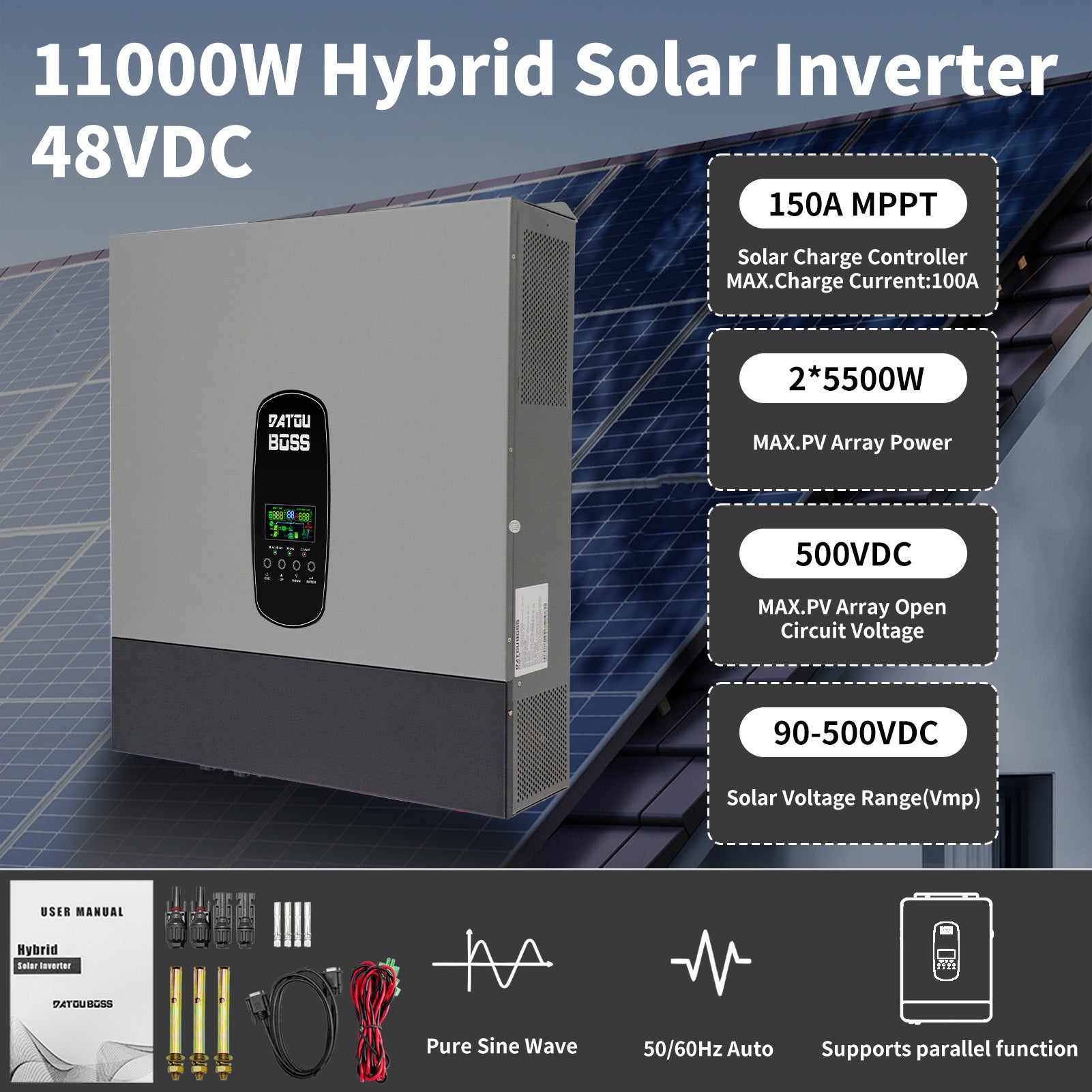 DATOUBOSS 11KW 48V Hybrid Solar Inverter for on/off-grid use, supports battery-free operation. Features 150A MPPT charger and BMS protection for 48V batteries
