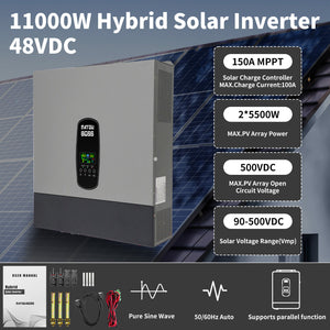 DATOUBOSS 11KW 48V Hybrid Solar Inverter for on/off-grid use, supports battery-free operation. Features 150A MPPT charger and BMS protection for 48V batteries