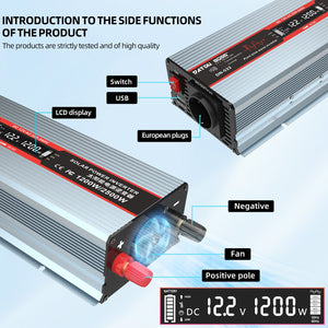 DATOUBOSS 1200W Inverter Side Functions: LCD Display, EU Plug, USB, Switch, Cooling Fan, Positive & Negative Poles