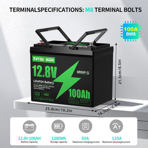 DATOUBOSS 12.8V 100Ah LiFePO4 battery dimensions: 10.2x6.6x8.5in with M8 terminal bolts for RV