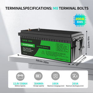 DATOUBOSS 12.8V 300Ah battery with 3840Wh capacity and compact dimensions of 50x26x22 cm for easy installation