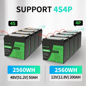 DATOUBOSS 12.8V 50Ah LiFePO4 battery support 4S4P for 48V 50Ah or 12V 200Ah (2560Wh) off-grid solar systems