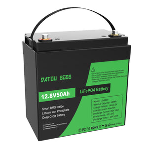 DATOUBOSS 12.8V 50Ah LiFePO4 battery, perfect for kayak fish finders, trolling motors, and camping