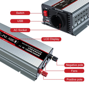 DATOUBOSS 1500W/3000W 24V Pure Sine Wave Inverter with LCD display, AC socket, USB port, and dual cooling fans
