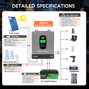 DATOUBOSS 1800W Hybrid Inverter 12V, Hybrid Solar Inverter On Grid, Supports Battery - Free Operation, 12V DC to 220/230V AC, BMS Protection System, with 150A MPPT for 12V Batteries - DATOUBOSS Rechargeable Lifepo4 Batteries Voltage Converters InverterSP-DT-1218M-A-UA