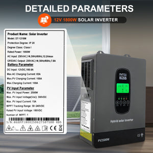 DATOUBOSS 1800W solar hybrid inverter specifications, IP20 protection, CE certified with MPPT tracking
