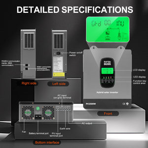 DATOUBOSS solar inverter front control panel, featuring LCD display, LED indicators, and multi-function keys