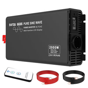 DATOUBOSS 2000W pure sine wave inverter kit, featuring 12V to 220V converter, wireless remote, and battery cables