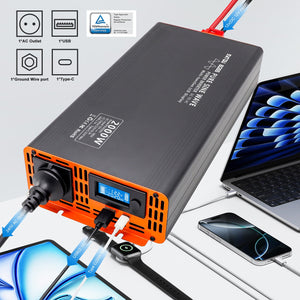 DATOUBOSS 2000W pure sine wave inverter, 12V to 240V converter with multi-function LCD display and dual cooling fans