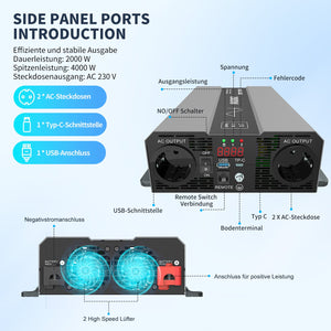 DATOUBOSS 2000W pure sine wave inverter ports: dual 230V AC outlets, Type-C, USB, and dual high-speed fans