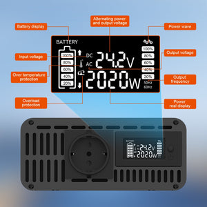 DATOUBOSS inverter smart LCD panel with overload and over-temperature indicators for real-time power monitoring