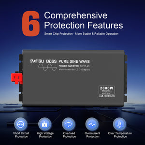 DATOUBOSS 2000W inverter with 6 protection features: short circuit, high voltage, overload, and over temperature