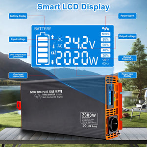 DATOUBOSS 2000W inverter features a smart LCD display, monitoring battery level, input/output voltage, and power waves
