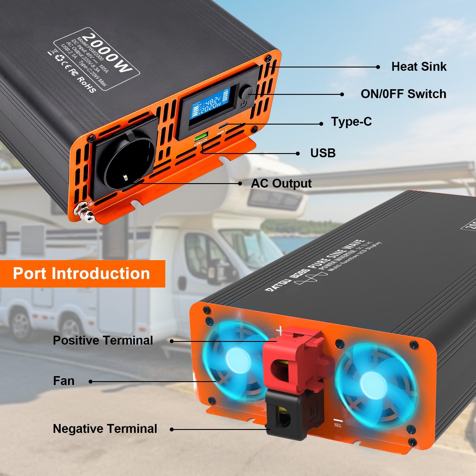 DATOUBOSS 2000W Pure Sine Wave Inverter, 48V to 230V AC Voltage Converter, Peak Power 4000W with 1 EU Socket, LCD Screen, 1 Type - C and 1 USB Ports for Household Appliances, Motorhome Car, Truck - DATOUBOSS Rechargeable Lifepo4 Batteries Voltage Converters InverterSP-DT-PSW2000W-48V-A-EU