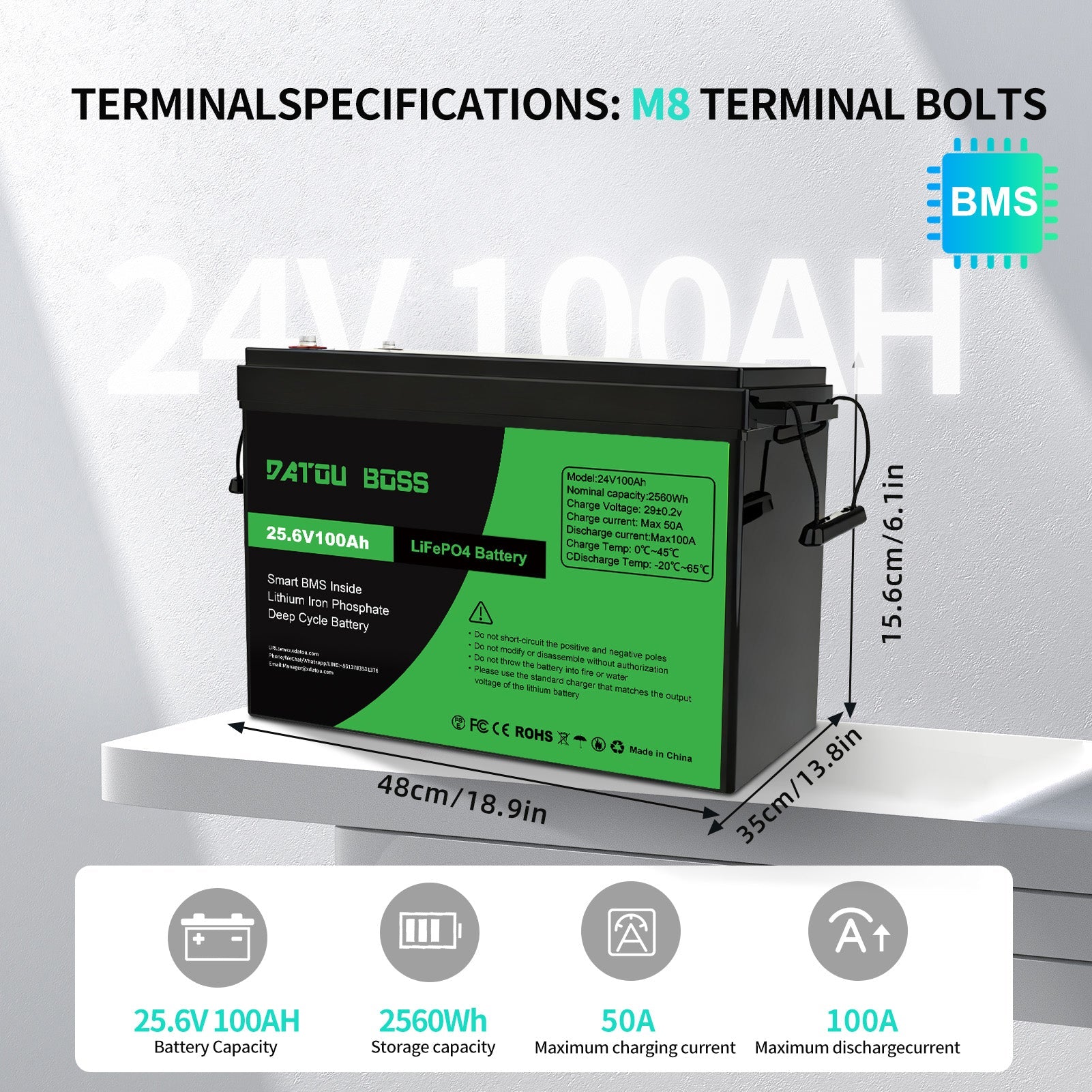 DATOUBOSS 24V 100Ah LiFePO4 battery dimensions 48x35x15.6 cm with M8 terminal bolts