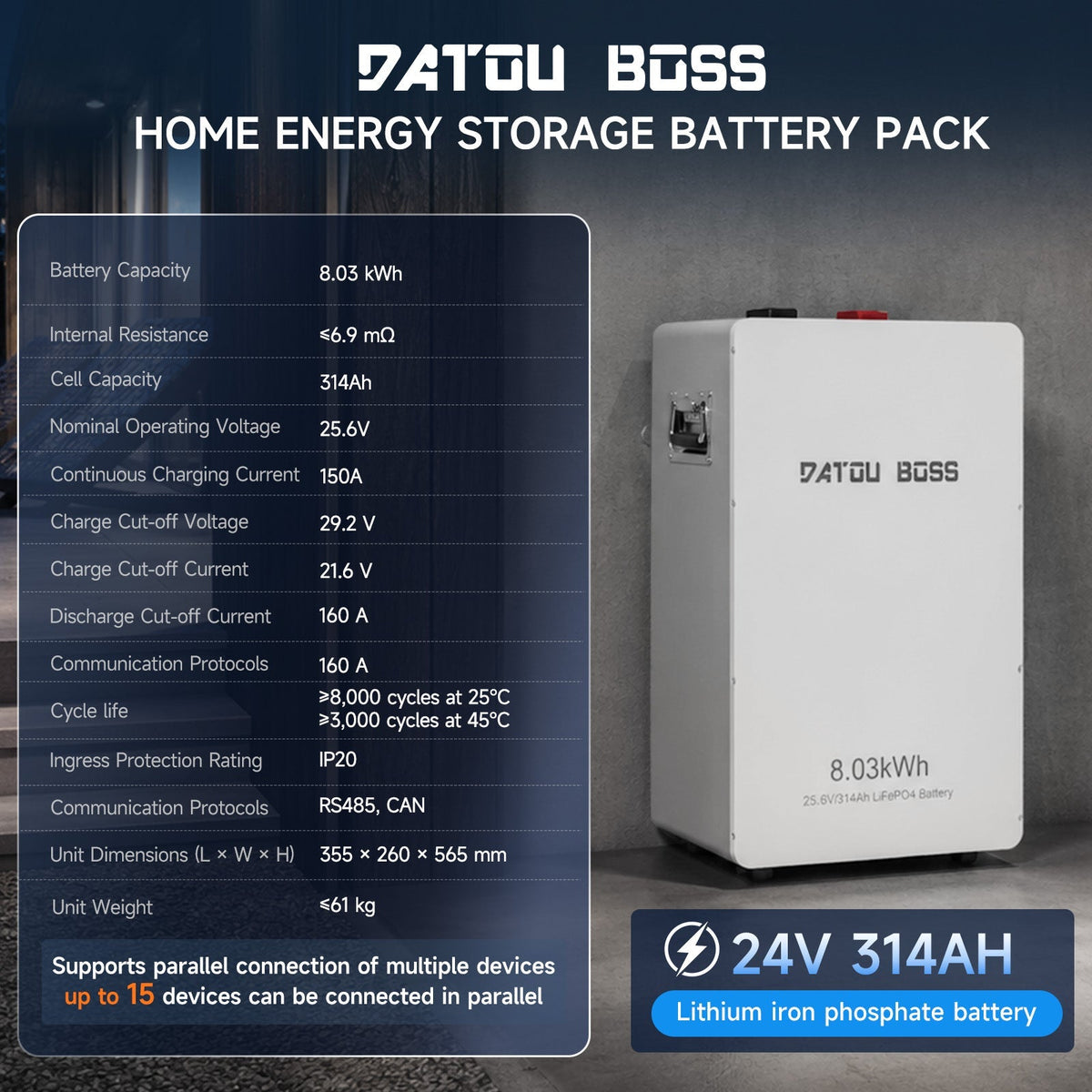 DATOUBOSS 24V 314Ah LiFePO4 Battery with 24V 8A Smart Charger, 8kWh Energy Storage, 150A BMS & Bluetooth App for Home & Off-Grid - DATOUBOSSSP-DT-24314-G21508-EU