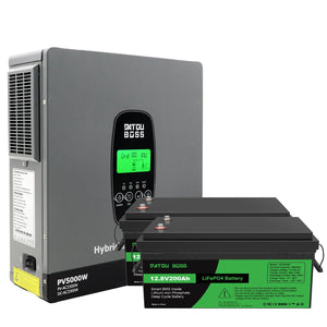 DATOUBOSS 24V 3.3kW 5.12kWh Solar Home Storage Backup Off Grid Kit 200Ah LiFePO4 (2x12V200Ah) + 3300W Hybrid Inverter 150A MPPT Pure Sine Wave, 24V DC to 220/230V AC, BMS Protection System, for RV Solar Home System - DATOUBOSS Rechargeable Lifepo4 Batteries Voltage Converters InverterSP-DT-2433M-12V200A-A-EU