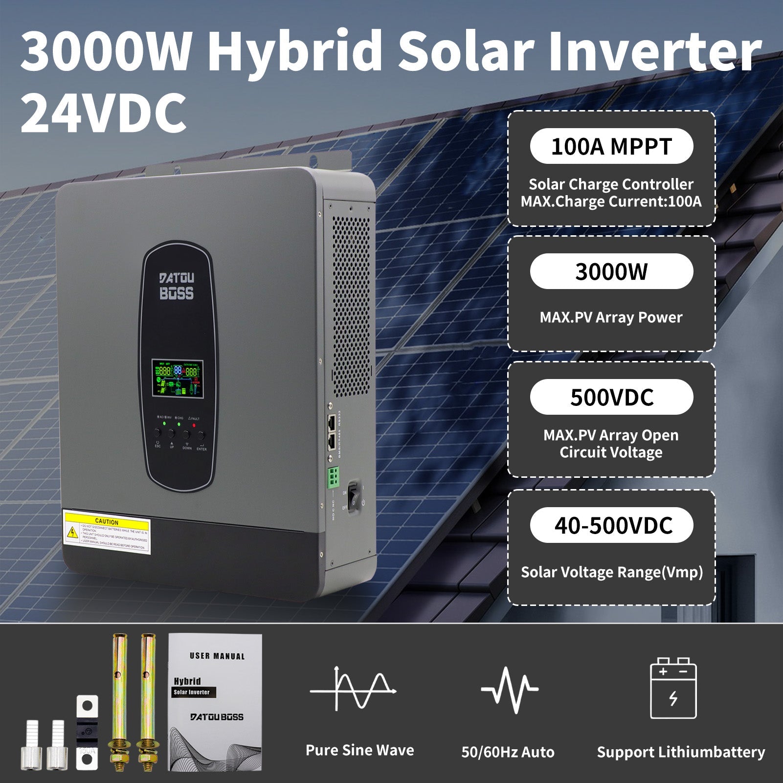 DATOUBOSS 24V 3kW 2.56kWh Solar Home Storage Backup Off Grid Kit 300Ah LiFePO4 (2x12V100Ah) + 3000W Hybrid Inverter 100A MPPT Pure Sine Wave, 200A BMS, for RV Solar Home System - DATOUBOSS Rechargeable Lifepo4 Batteries Voltage Converters InverterSP-DT2430-12V100A-B-EU