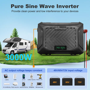 DATOUBOSS 3000W Pure Sine Wave Universal Voltage Inverter 48V/60V/72V to 230V AC, 6000W Peak, Intelligent Detection System, LCD Display, Dual EU Sockets for Home, RV & Off-Grid Power Systems - DATOUBOSS Rechargeable Lifepo4 Batteries Voltage Converters InverterSP-DT-TY-SL-6000-A-EU