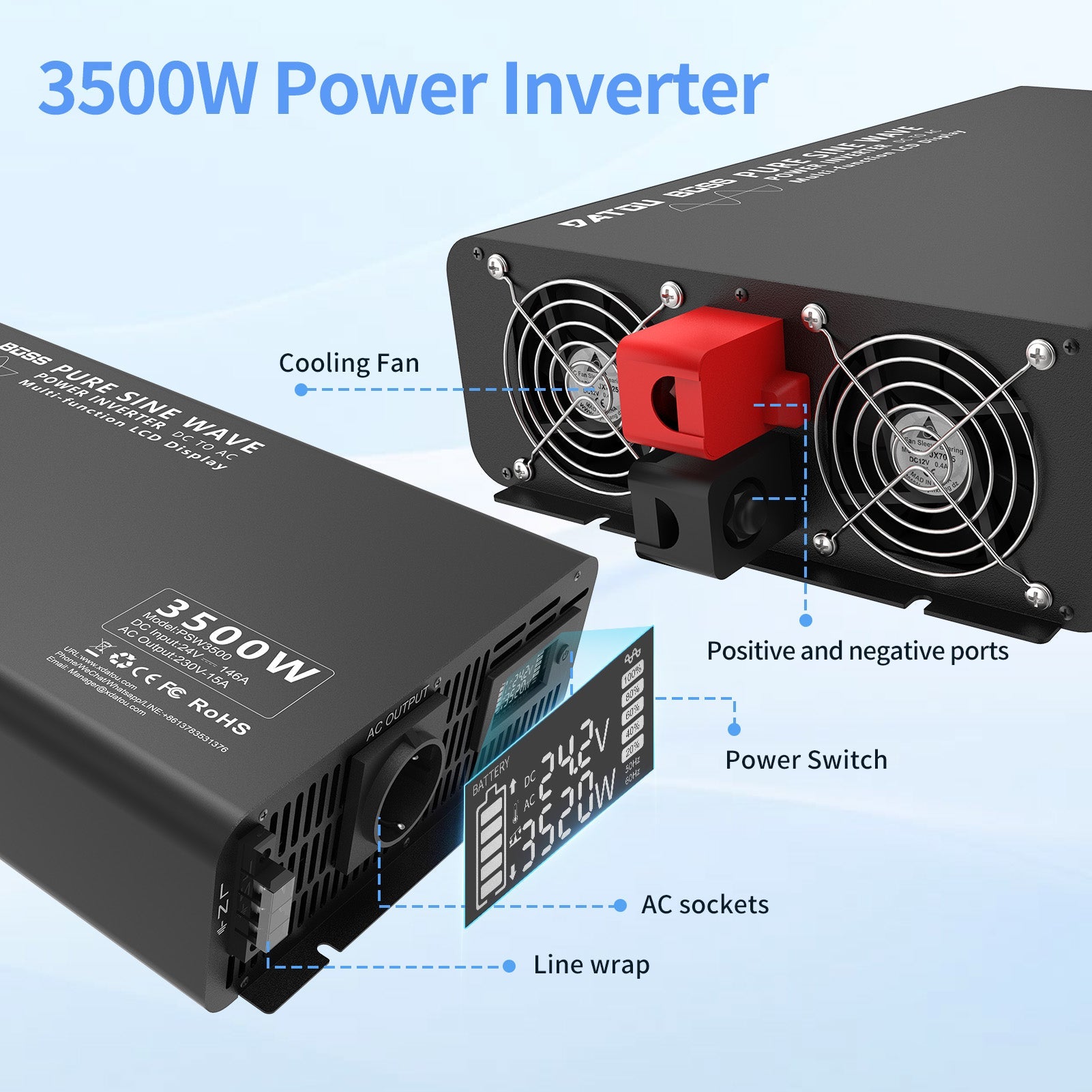 DATOUBOSS 3500W Pure Sine Wave Inverter, 24V to 230V AC Voltage Converter, Peak Power 7000W with 1 EU Plug, LCD Display and Radio Remote Control for Trucks, Motorhomes, Home, Camping, Household - DATOUBOSS Rechargeable Lifepo4 Batteries Voltage Converters InverterSP-DT-DNB3500W-24V-A-EU