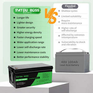 DATOUBOSS 48V 100Ah Lithium LiFePO4 Battery with 200A BMS Deep Cycle Battery for DIY RV Car Solar Home System - DATOUBOSS Rechargeable Lifepo4 Batteries Voltage Converters InverterSP-DT-48V100A-A01-UA