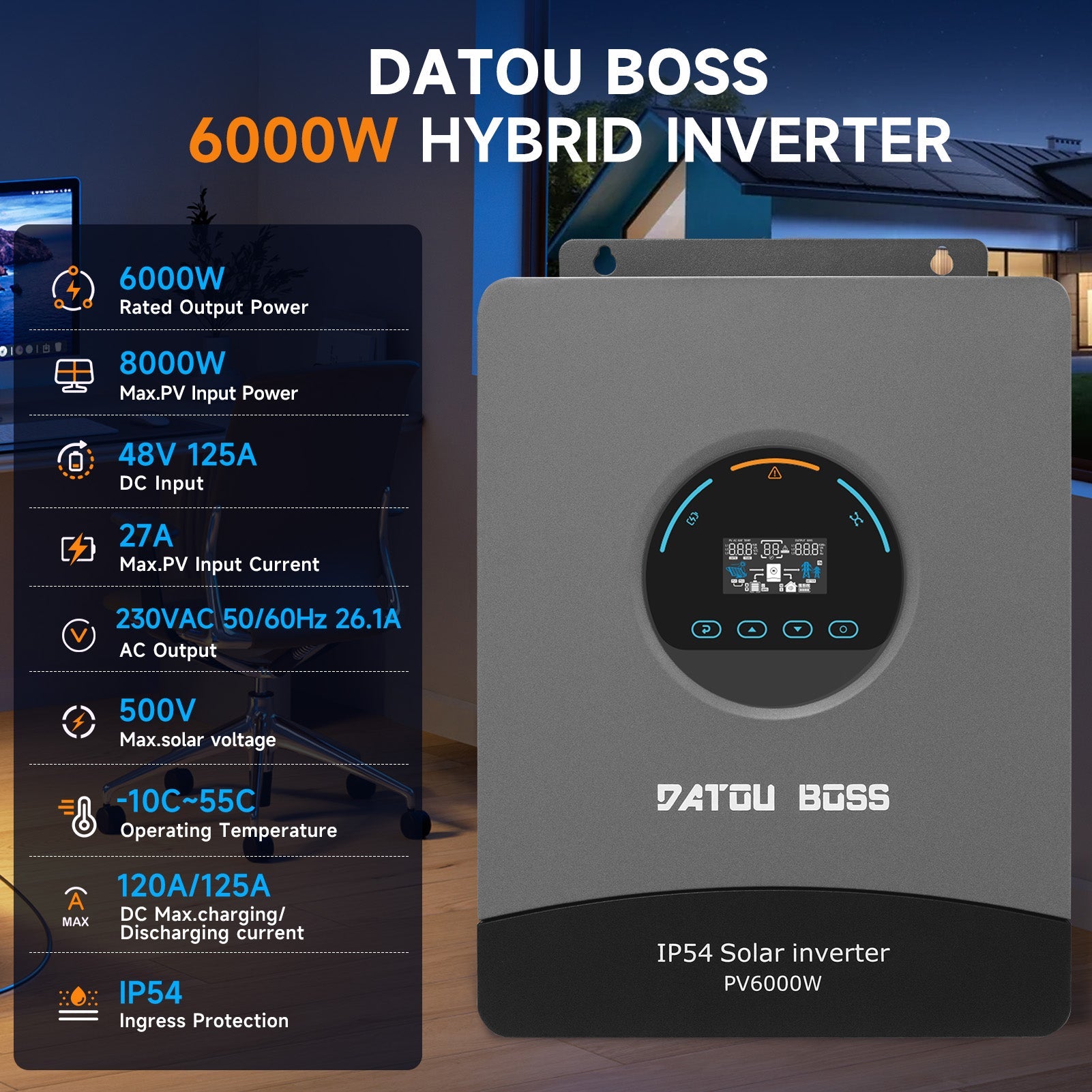 DATOUBOSS 48V 6kW 16kWh Solar Home Storage Backup Off Grid Kit 314Ah LiFePO4(210A BMS) + 6000W Solar Hybrid Inverter 120A MPPT Pure Sine Wave, 48VDC to 230VAC, 8500W PV Input, BMS Protection, Dust and Water - Resistant, for Solar Home RV Energy Storage - DATOUBOSS Rechargeable Lifepo4 Batteries Voltage Converters InverterSP-DT-48314-4860BF-A-EU