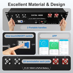 DATOUBOSS 51.2V 100Ah rack battery with portable handles, smart app monitoring, and dual terminals for each pole