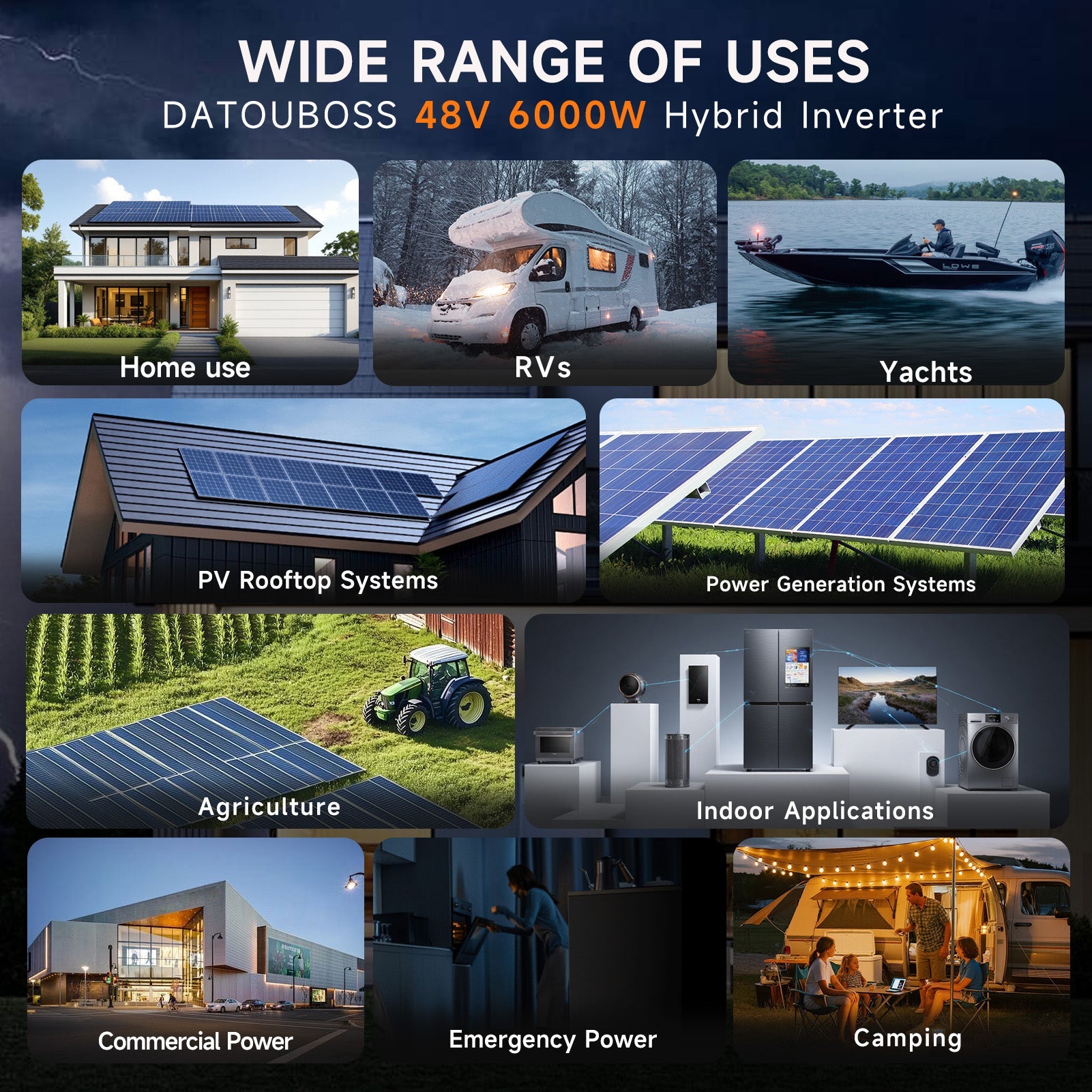 DATOUBOSS 6000W Solar Hybrid Inverter with IP54 dust & water protection, designed for durable indoor and semi - outdoor installation. 48V DC to 230V AC output, 120A MPPT, 8500W PV input, battery - free operation, BMS protection - DATOUBOSS Rechargeable Lifepo4 Batteries Voltage Converters InverterSP-DT-4860BF-A-UA