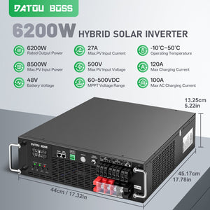 DATOUBOSS 6200W Pure Sine Wave Solar Hybrid Inverter, 48VDC to 230VAC, 120A MPPT, 8500W PV Input, 3U Rack Mount, Built-in UPS Function, Battery-Free Operation, 27A PV Input, BMS Communication, Anti-Backflow Protection, Off-Grid & Grid-Connected Compatible - DATOUBOSS Rechargeable Lifepo4 Batteries Voltage Converters InverterSP-DT-3U-4862S-A-EU
