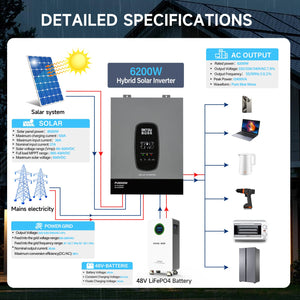 DATOUBOSS 6200W Solar Hybrid Inverter 48VDC to 230VAC, 120A MPPT, 8500W PV Input, Battery - Free Operation, BMS Protection, 27A PV Input, Lightning & Anti - Backflow Protection, Off - Grid & Grid - Connected Compatible(Compatible with WiFi 04) - DATOUBOSS Rechargeable Lifepo4 Batteries Voltage Converters InverterSP-DT-4862S-A-EU