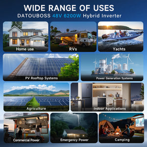 DATOUBOSS 6200W Solar Hybrid Inverter 48VDC to 230VAC, 120A MPPT, 8500W PV Input, Battery - Free Operation, BMS Protection, 27A PV Input, Lightning & Anti - Backflow Protection, Off - Grid & Grid - Connected Compatible (Compatible with WiFi 04) - DATOUBOSS Rechargeable Lifepo4 Batteries Voltage Converters InverterSP-DT-4862SQ-A-EU