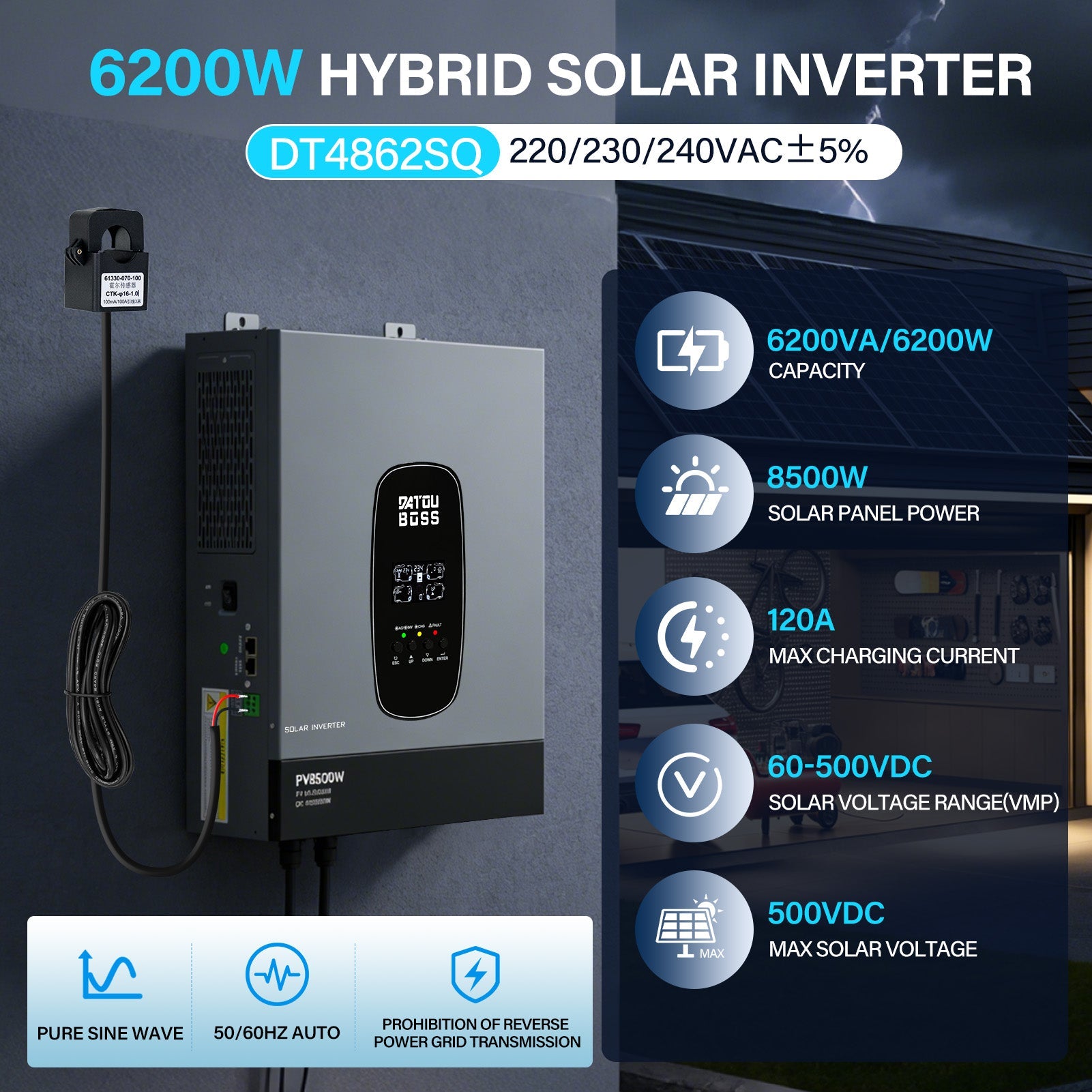 DATOUBOSS 6200W Solar Hybrid Inverter 48VDC to 230VAC, 120A MPPT, 8500W PV Input, Battery - Free Operation, BMS Protection, 27A PV Input, Lightning & Anti - Backflow Protection, Off - Grid & Grid - Connected Compatible (Compatible with WiFi 04) - DATOUBOSS Rechargeable Lifepo4 Batteries Voltage Converters InverterSP-DT-4862SQ-A-EU