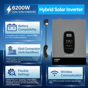 DATOUBOSS 6200W Solar Hybrid Inverter 48VDC to 230VAC, 120A MPPT, 8500W PV Input, Battery - Free Operation, BMS Protection, 27A PV Input, Lightning & Anti - Backflow Protection, Off - Grid & Grid - Connected Compatible (Compatible with WiFi 04) - DATOUBOSS Rechargeable Lifepo4 Batteries Voltage Converters InverterSP-DT-4862SQ-A-EU