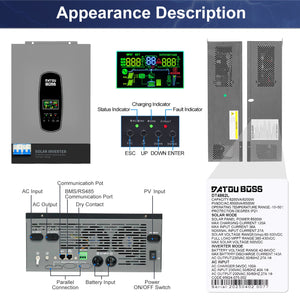 DATOUBOSS 6200W hybrid inverter bottom ports overview including BMS RS485 communication and dry contact