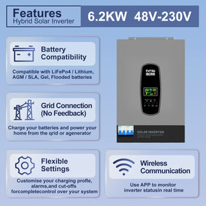 DATOUBOSS 6.2KW hybrid solar inverter 48V to 230V supporting wireless app real time monitoring