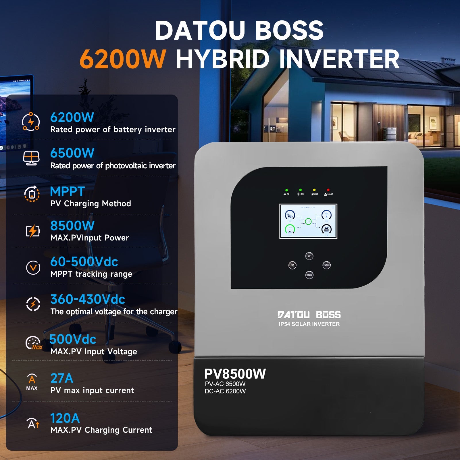 DATOUBOSS 6200W Solar Hybrid Inverter with IP54 dust & water protection, designed for durable indoor and semi - outdoor installation. 48V DC to 230V AC output, 120A MPPT, 8500W PV input, battery - free operation, BMS protection(Compatible with WiFi 04) - DATOUBOSS Rechargeable Lifepo4 Batteries Voltage Converters InverterSP-DT-4862BF-A-EU