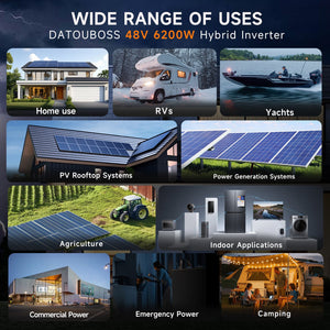 DATOUBOSS 6200W Solar Hybrid Inverter with IP54 dust & water protection, designed for durable indoor and semi - outdoor installation. 48V DC to 230V AC output, 120A MPPT, 8500W PV input, battery - free operation, BMS protection(Compatible with WiFi 04) - DATOUBOSS Rechargeable Lifepo4 Batteries Voltage Converters InverterSP-DT-4862BF-A-EU
