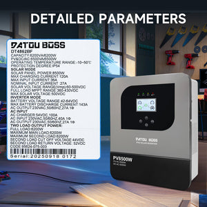 DATOUBOSS 6200W Solar Hybrid Inverter with IP54 dust & water protection, designed for durable indoor and semi - outdoor installation. 48V DC to 230V AC output, 120A MPPT, 8500W PV input, battery - free operation, BMS protection(Compatible with WiFi 04) - DATOUBOSS Rechargeable Lifepo4 Batteries Voltage Converters InverterSP-DT-4862BF-A-EU