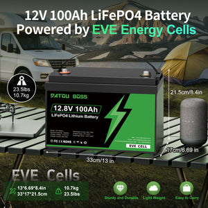 DATOUBOSS 12.8V 100Ah LiFePO4 battery powered by EVE Energy Cells, lightweight design at 10.7kg
