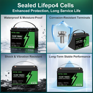 DATOUBOSS 12.8V 100Ah LiFePO4 battery featuring waterproof, shock-resistant, and corrosion-resistant terminals