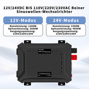 DATOUBOSS Universal Double Voltage Converter 1200W/2000W Pure Sine Wave Inverter, 12V/24V to 230V AC Voltage Converter, Peak Power 2300W/4000W Peak Power, with Intelligent Detection System & LCD Display & 2 EU Socket - DATOUBOSS Rechargeable Lifepo4 Batteries Voltage Converters InverterSP-DT-TY-PSW4000W-A-EU